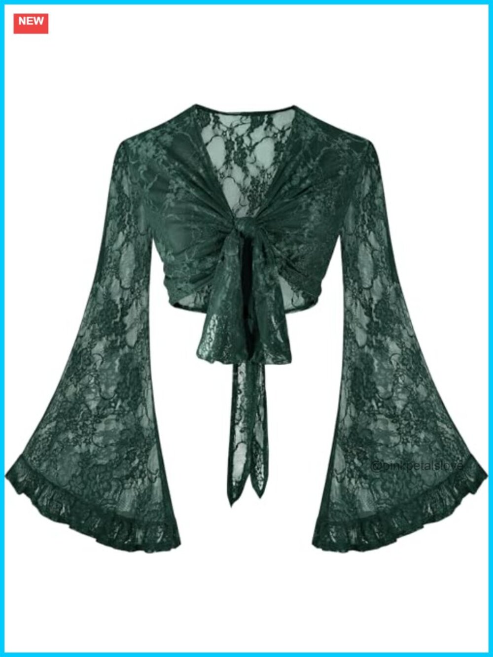 Flowy Lace Bell Sleeve Tie Front Crop Blouse Boho Rave Festival Hippie Top - Picture 1 of 6